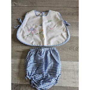 Vtg 90s Blue Gingham Matching Embroidered Bird Outfit Girls 0-3 Months Mayfair